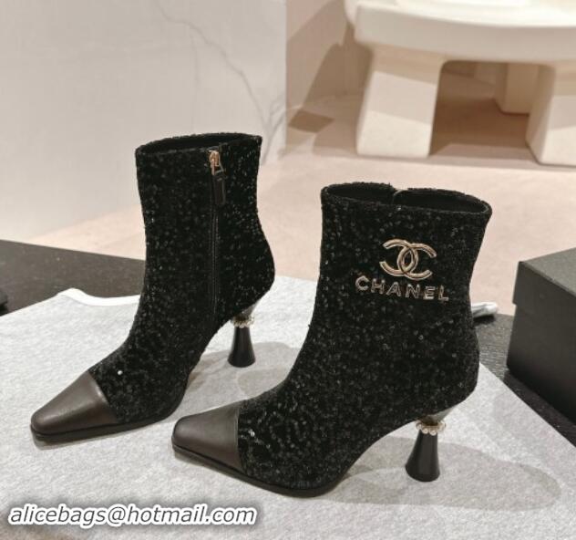 Luxury Cheap Chanel Tweed and Sequins Ankle Boots with Charms Buckle Strap Black 016005