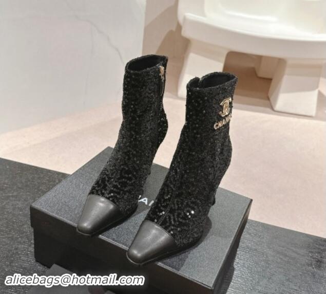 Luxury Cheap Chanel Tweed and Sequins Ankle Boots with Charms Buckle Strap Black 016005