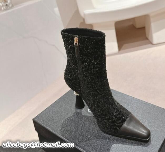 Luxury Cheap Chanel Tweed and Sequins Ankle Boots with Charms Buckle Strap Black 016005