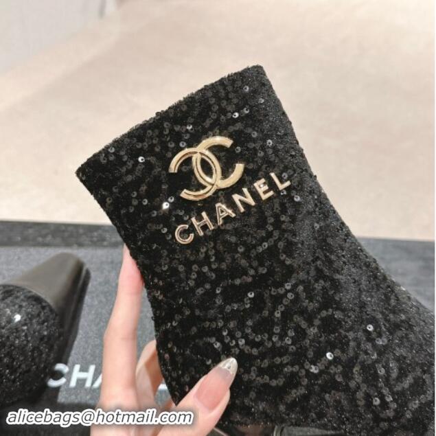 Luxury Cheap Chanel Tweed and Sequins Ankle Boots with Charms Buckle Strap Black 016005