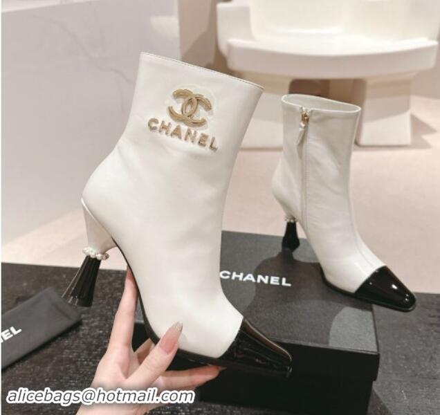 Luxury Chanel Calfskin Ankle Boots with Charms Buckle Strap White 1016006