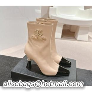 Good Quality Chanel Calfskin Ankle Boots with Charms Buckle Strap Beige 016007