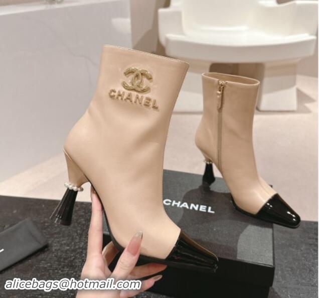 Good Quality Chanel Calfskin Ankle Boots with Charms Buckle Strap Beige 016007