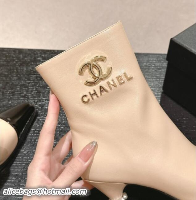 Good Quality Chanel Calfskin Ankle Boots with Charms Buckle Strap Beige 016007