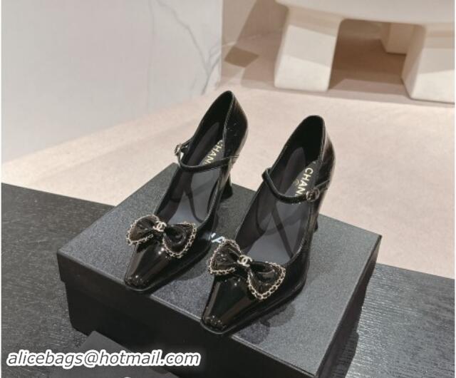 Grade Quality Chanel Oil Crinkled Calfskin Mary Janes Pumps with Bow Black 016009