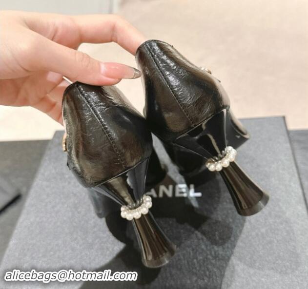 Grade Quality Chanel Oil Crinkled Calfskin Mary Janes Pumps with Bow Black 016009