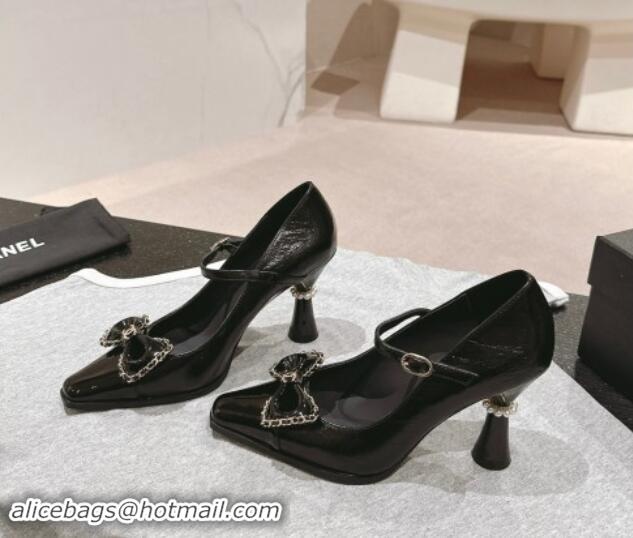 Grade Quality Chanel Oil Crinkled Calfskin Mary Janes Pumps with Bow Black 016009