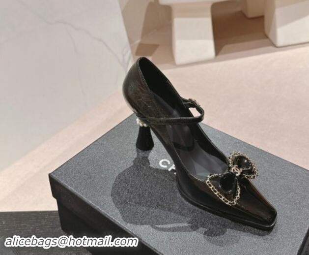 Grade Quality Chanel Oil Crinkled Calfskin Mary Janes Pumps with Bow Black 016009