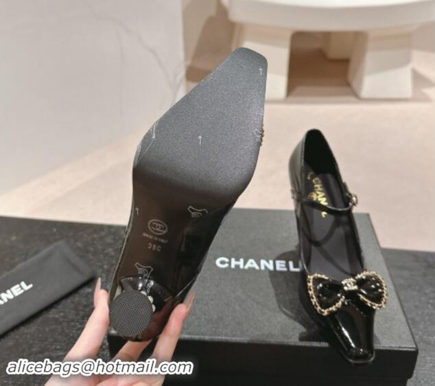 Grade Quality Chanel Oil Crinkled Calfskin Mary Janes Pumps with Bow Black 016009