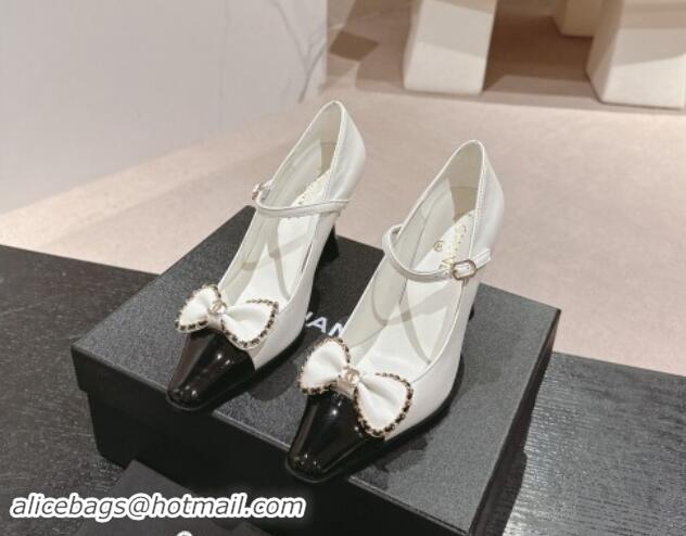 Shop Duplicate Chanel Calfskin & Patent Mary Janes Pumps with Bow White 016010