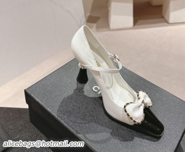 Shop Duplicate Chanel Calfskin & Patent Mary Janes Pumps with Bow White 016010