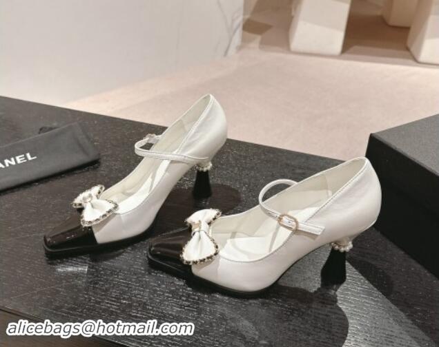 Shop Duplicate Chanel Calfskin & Patent Mary Janes Pumps with Bow White 016010