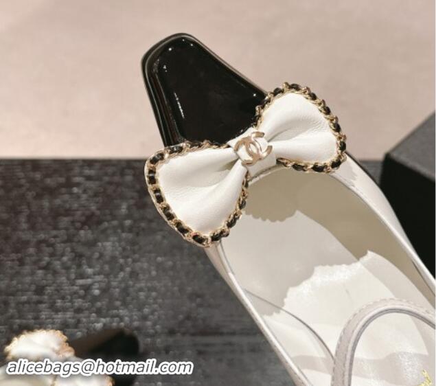 Shop Duplicate Chanel Calfskin & Patent Mary Janes Pumps with Bow White 016010