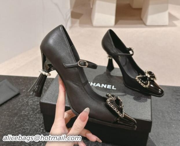 Low Price Chanel Calfskin & Patent Mary Janes Pumps with Bow Black 016011