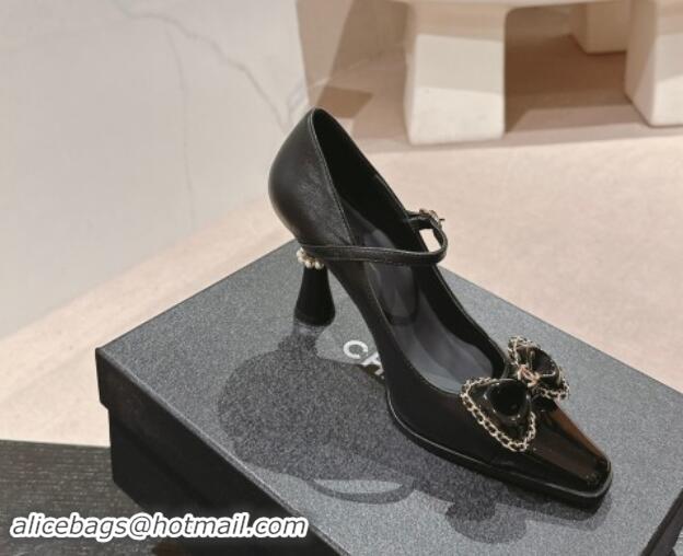 Low Price Chanel Calfskin & Patent Mary Janes Pumps with Bow Black 016011