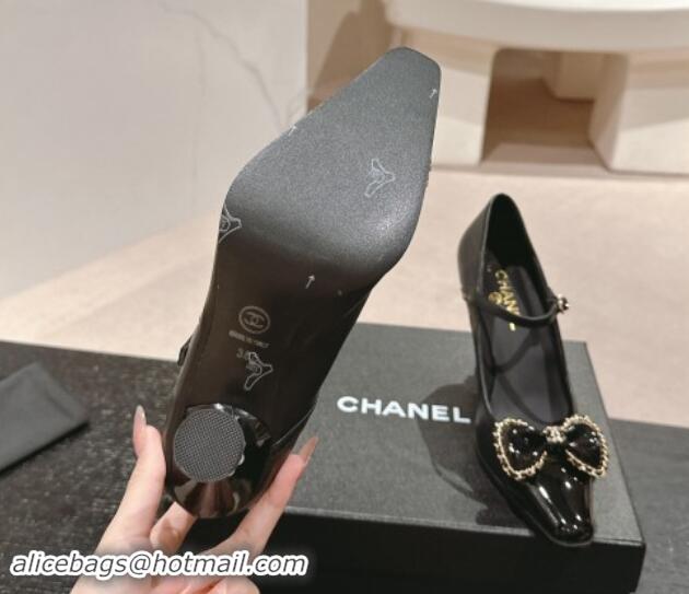 Low Price Chanel Calfskin & Patent Mary Janes Pumps with Bow Black 016011