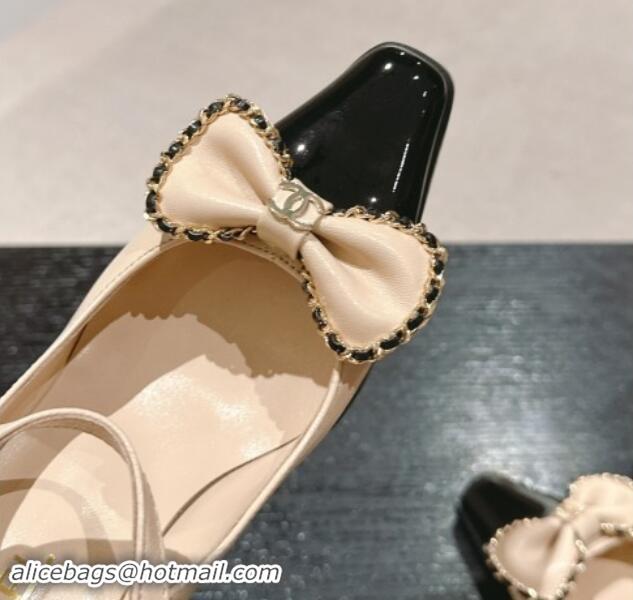 Top Design Chanel Calfskin & Patent Mary Janes Pumps with Bow Beige 016012