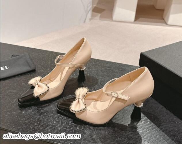 Top Design Chanel Calfskin & Patent Mary Janes Pumps with Bow Beige 016012