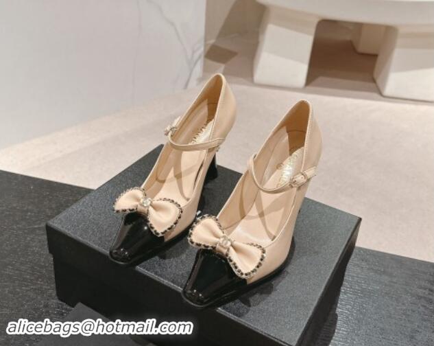 Top Design Chanel Calfskin & Patent Mary Janes Pumps with Bow Beige 016012