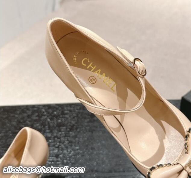 Top Design Chanel Calfskin & Patent Mary Janes Pumps with Bow Beige 016012