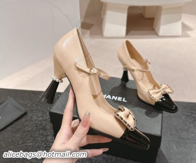 Top Design Chanel Calfskin & Patent Mary Janes Pumps with Bow Beige 016012