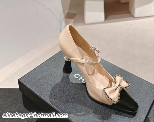 Top Design Chanel Calfskin & Patent Mary Janes Pumps with Bow Beige 016012