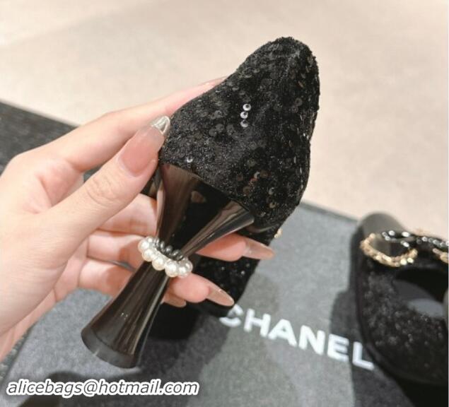 Good Looking Chanel Tweed & Sequins Mary Janes Pumps with Bow Black 1016013