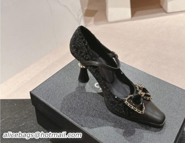 Good Looking Chanel Tweed & Sequins Mary Janes Pumps with Bow Black 1016013