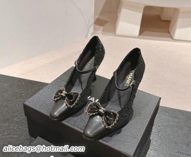 Good Looking Chanel Tweed & Sequins Mary Janes Pumps with Bow Black 1016013