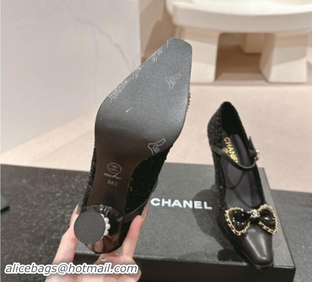 Good Looking Chanel Tweed & Sequins Mary Janes Pumps with Bow Black 1016013