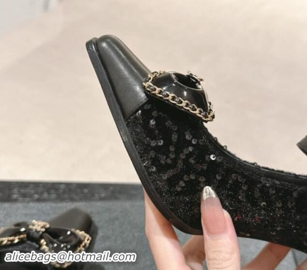 Good Looking Chanel Tweed & Sequins Mary Janes Pumps with Bow Black 1016013