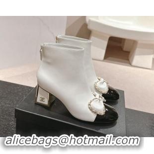 Best Grade Chanel Calfskin & Patent Ankle Boots 6.5cm with Bow and Chain White 1016014