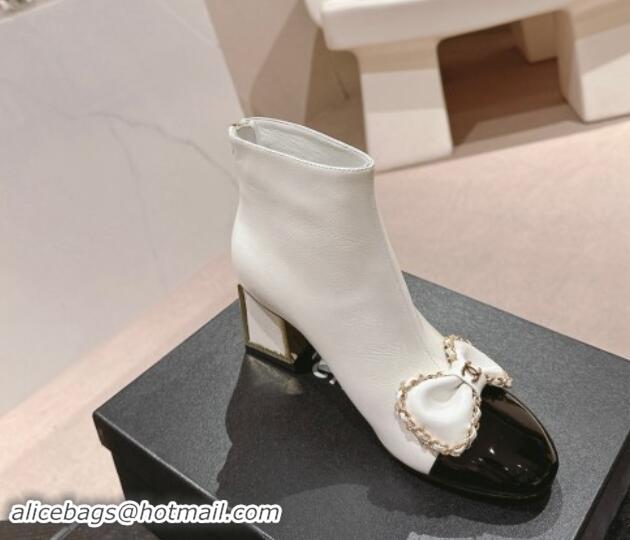 Best Grade Chanel Calfskin & Patent Ankle Boots 6.5cm with Bow and Chain White 1016014