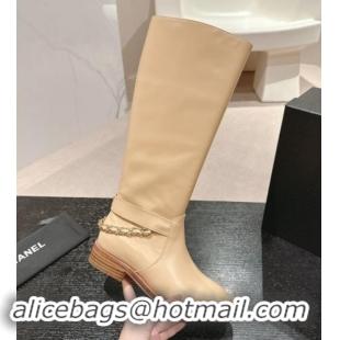 Unique Style Chanel Calfskin High Boots with Chain Beige 016017