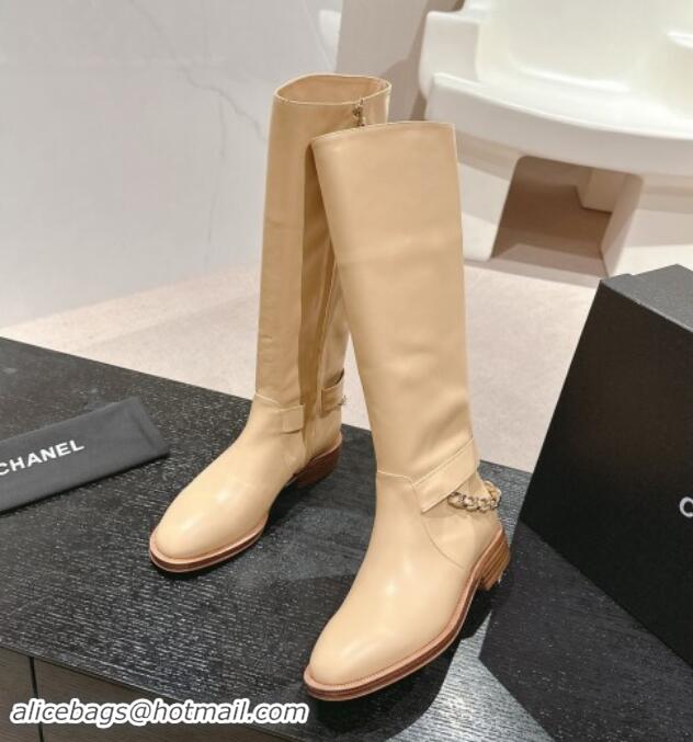 Unique Style Chanel Calfskin High Boots with Chain Beige 016017