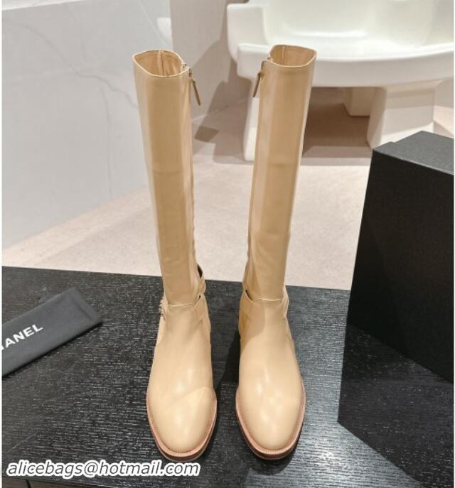 Unique Style Chanel Calfskin High Boots with Chain Beige 016017