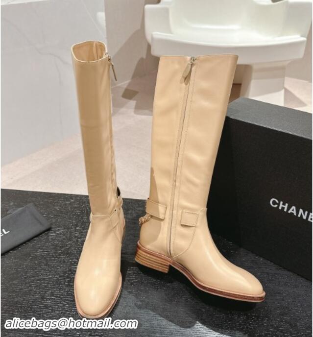 Unique Style Chanel Calfskin High Boots with Chain Beige 016017