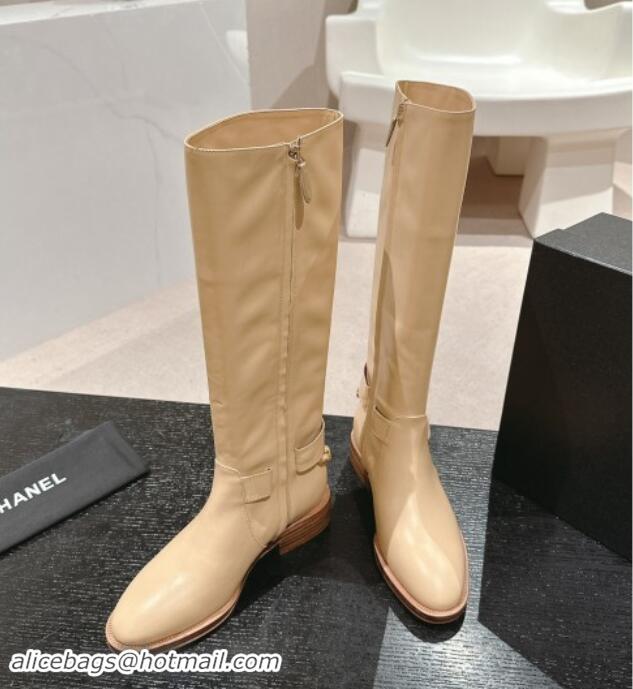 Unique Style Chanel Calfskin High Boots with Chain Beige 016017