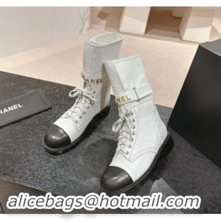 Best Price Chanel Calfskin Ankle Boots with CHANEL Buckle White 1016019