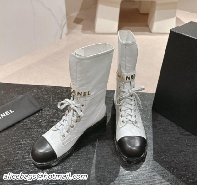 Best Price Chanel Calfskin Ankle Boots with CHANEL Buckle White 1016019