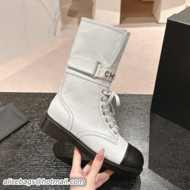 Best Price Chanel Calfskin Ankle Boots with CHANEL Buckle White 1016019