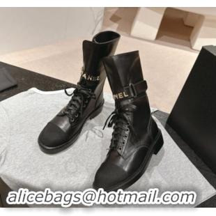 Low Cost Chanel Calfskin Ankle Boots with CHANEL Buckle Black 1016020