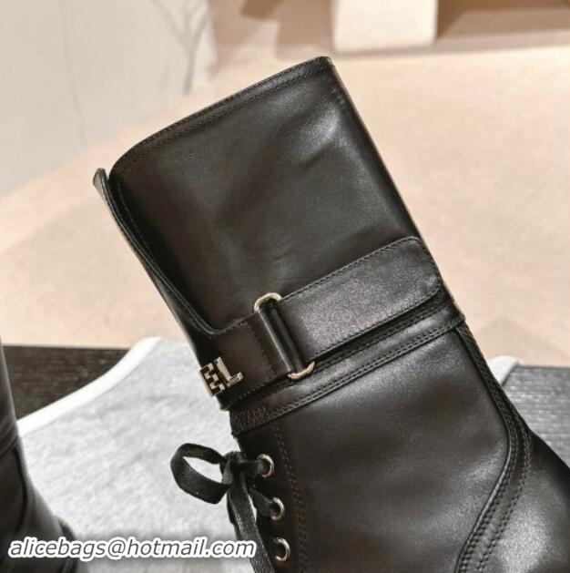 Low Cost Chanel Calfskin Ankle Boots with CHANEL Buckle Black 1016020