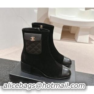 Good Quality Chanel Suede & Leather Ankle Boots with Pocket Black 016021