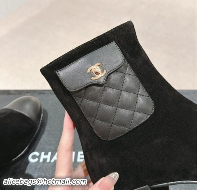 Good Quality Chanel Suede & Leather Ankle Boots with Pocket Black 016021