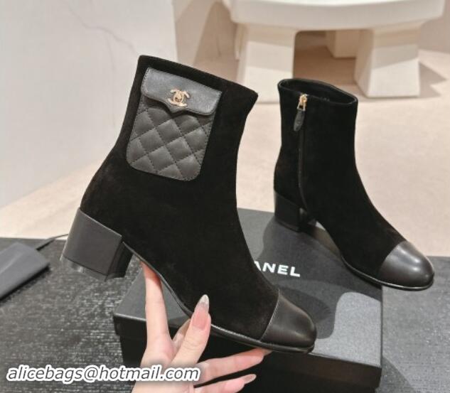 Good Quality Chanel Suede & Leather Ankle Boots with Pocket Black 016021