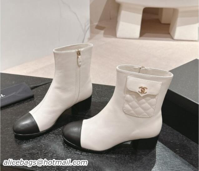 Grade Quality Chanel Calfskin Ankle Boots with Pocket White 016022