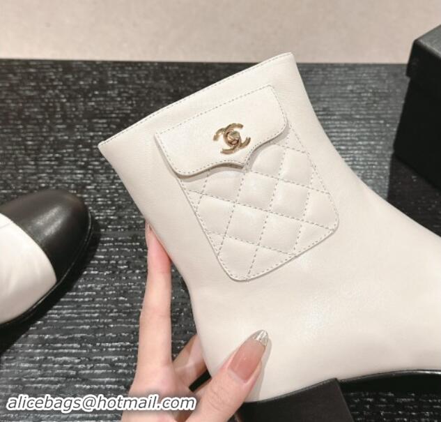 Grade Quality Chanel Calfskin Ankle Boots with Pocket White 016022