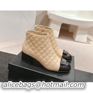 Best Grade Chanel Quilted Calfskin Ankle Boots with Foldover CC Beige 016026