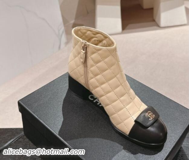 Best Grade Chanel Quilted Calfskin Ankle Boots with Foldover CC Beige 016026